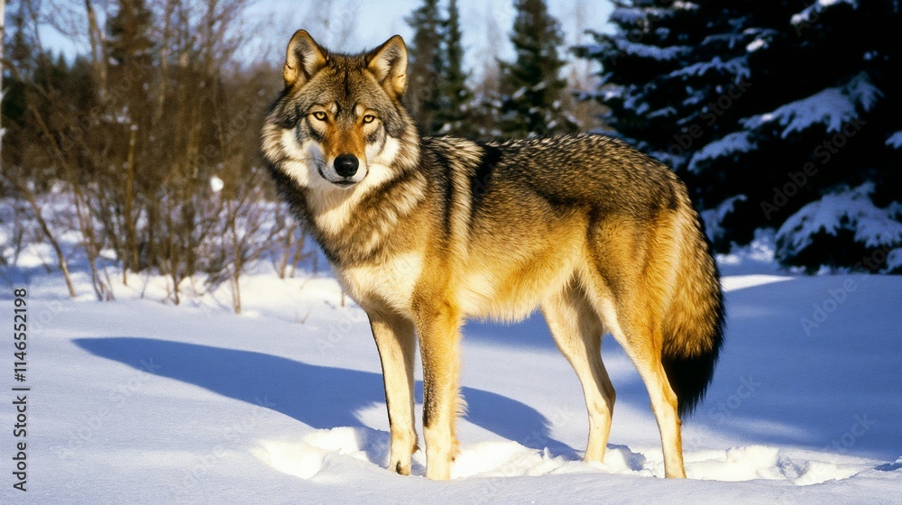 Wild wolf standing in the snow with a focused expression in a winter forest Wild wolf standing in the snow with a focused expression in a winter forest