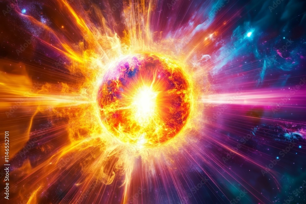 Obraz premium Fiery celestial body explodes, radiating cosmic energy.