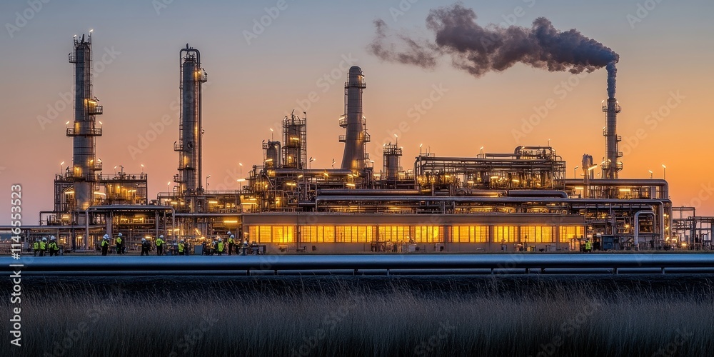 Fototapeta premium A futuristic oil refinery at sunset, surrounded by massive steel pipelines and towering chimneys emitting controlled steam, while maintenance teams in fire-resistant suits inspect critical gauges.