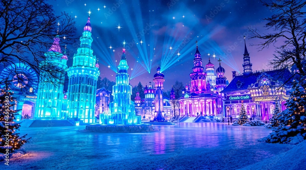 Obraz premium Enchanted winter village at night, illuminated with vibrant blue and purple lights. Festive atmosphere with snow-covered ground and glowing buildings.