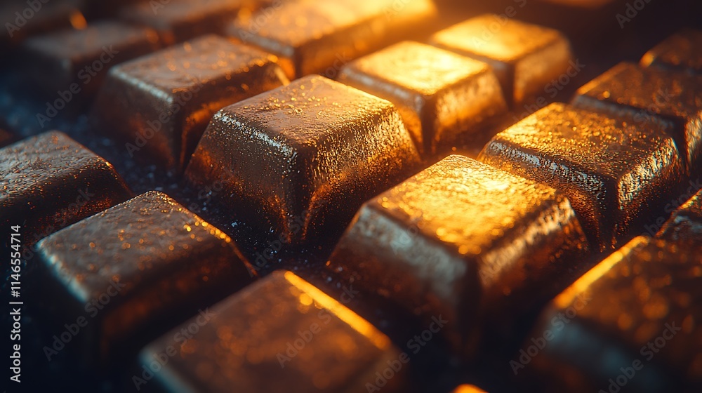 Golden Ingots: A close-up shot of gleaming gold bars, bathed in warm light, exuding an aura of wealth and prosperity. Golden Ingots: A close-up shot of gleaming gold bars, bathed in warm light, exuding an aura of wealth and prosperity.