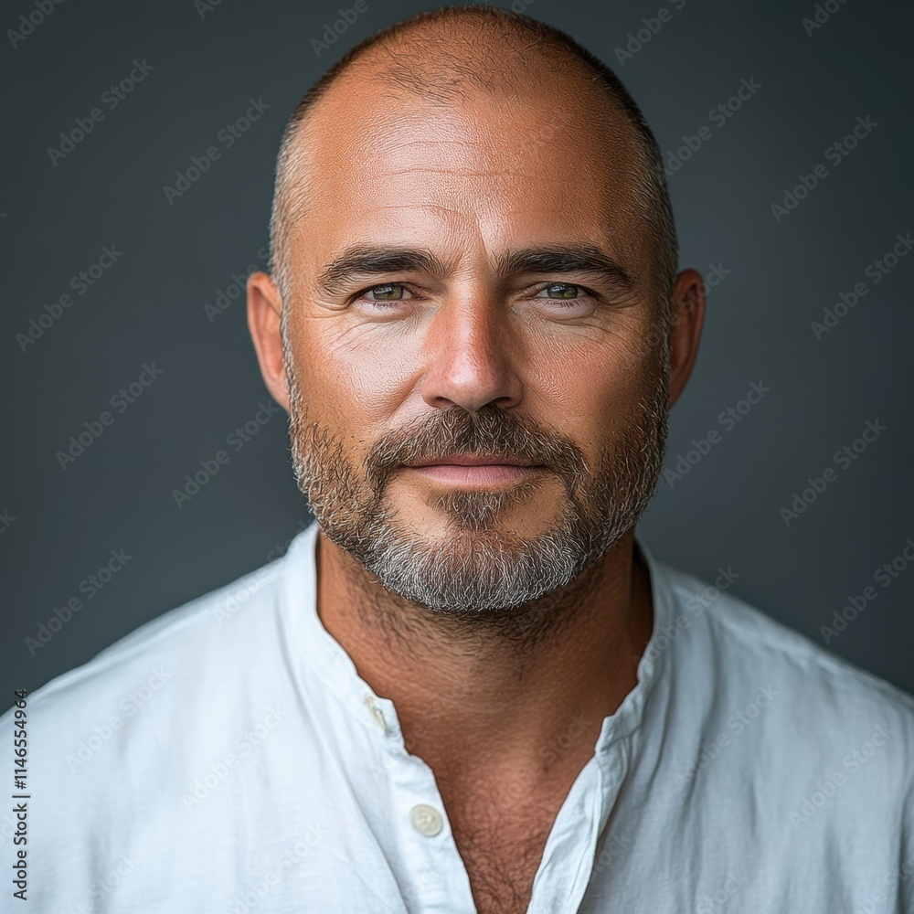 Fototapeta premium European, 43 years old, bald with a small beard and mustache, wearing a white shirt 