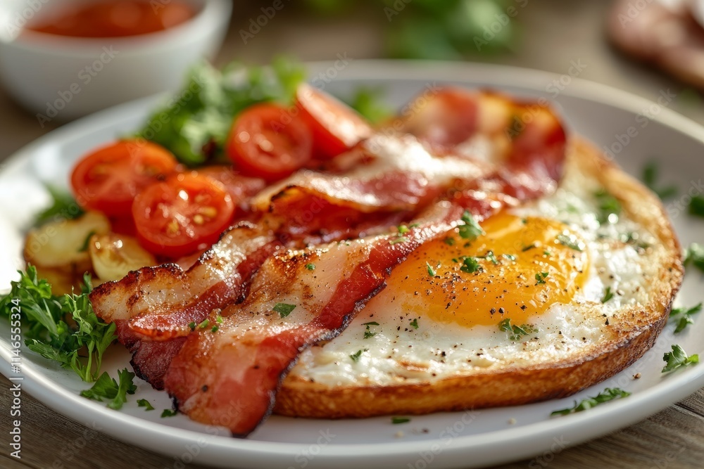A delicious breakfast plate featuring bacon, eggs, tomatoes, and greens. A delicious breakfast plate featuring bacon, eggs, tomatoes, and greens.