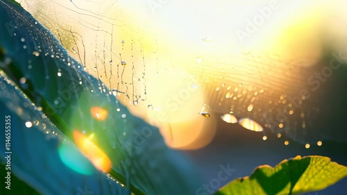 Dew drops glisten on a spider web early in the morning light among lush green foliage