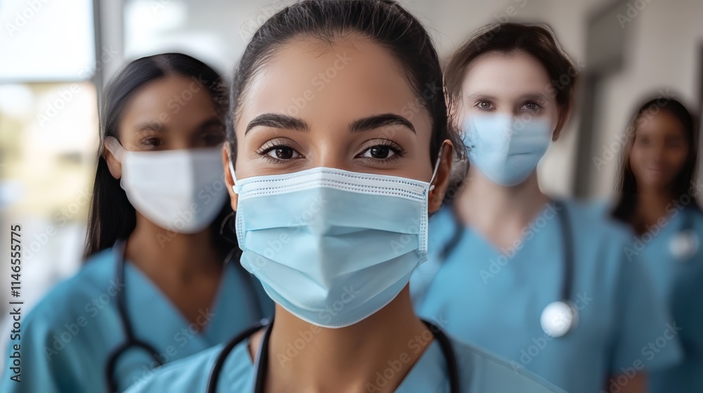 Group of Diverse Healthcare Workers in Surgical Masks Group of Diverse Healthcare Workers in Surgical Masks