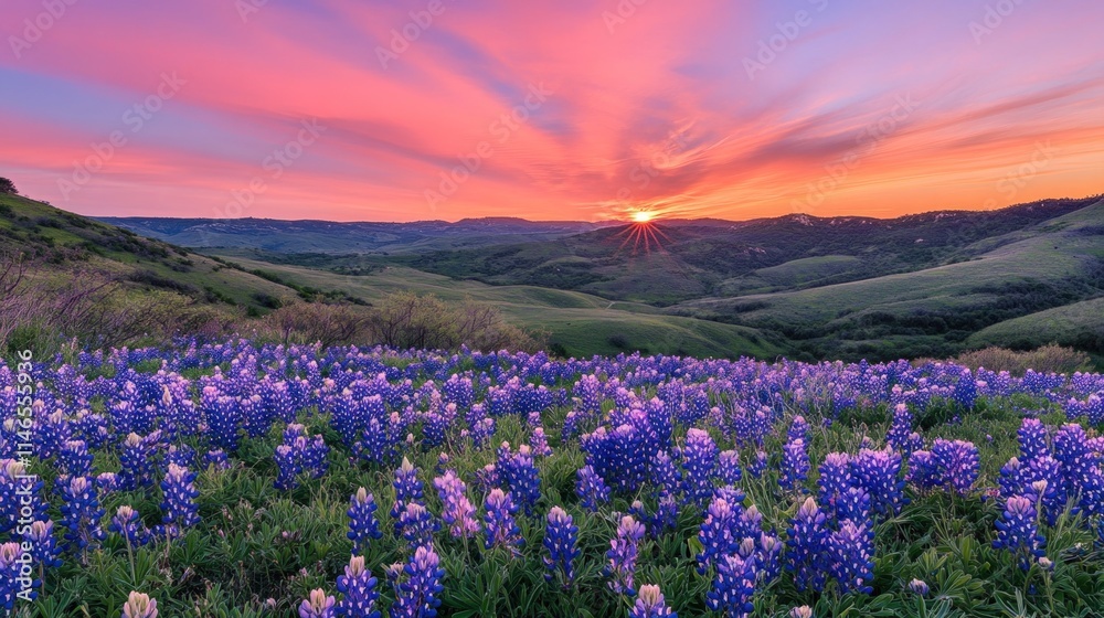 Obraz premium Vibrant sunset over rolling hills and a field of bluebonnets.