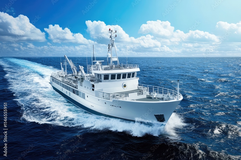Fishing Vessel Navigating Calm Waters: A Scenic View of a Boat Under a Blue Sky Ready to Land the Fresh Catch Fishing Vessel Navigating Calm Waters: A Scenic View of a Boat Under a Blue Sky Ready to Land the Fresh Catch