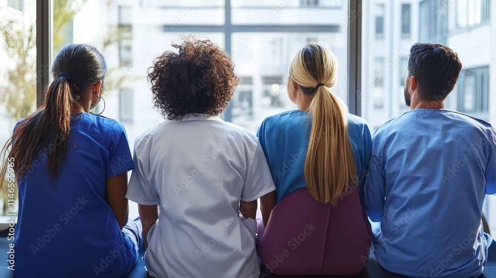 Fototapeta premium Diverse Group of Healthcare Workers Looking Out Window