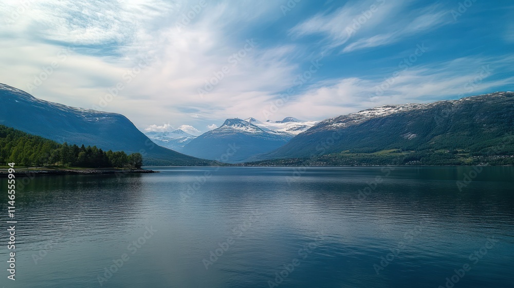 Serene landscape featuring mountains, a calm lake, and a clear blue sky. Serene landscape featuring mountains, a calm lake, and a clear blue sky.
