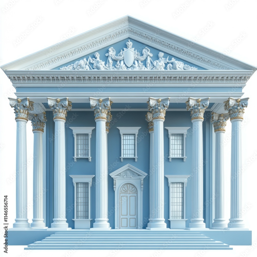 Obraz premium 3D low poly model of a blue government building, neoclassical design with columns