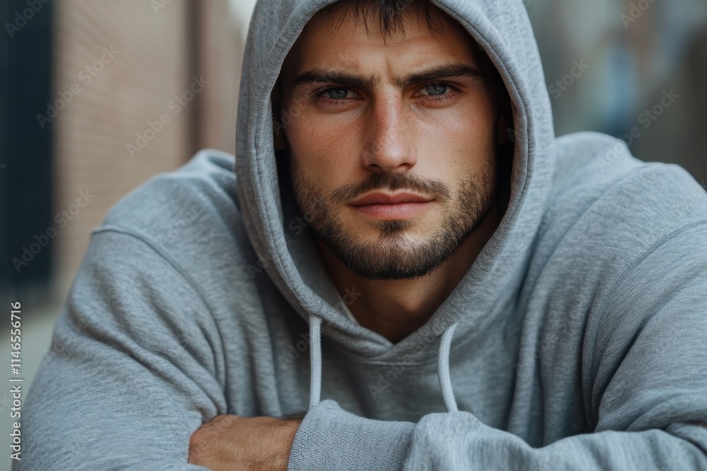 A contemplative young man in a grey hoodie rests on an urban street, exuding calmness and thoughtfulness while interacting with his environment in a reflective manner. A contemplative young man in a grey hoodie rests on an urban street, exuding calmness and thoughtfulness while interacting with his environment in a reflective manner.