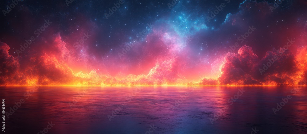 Vibrant sunset over calm water with fiery clouds and starry night sky.