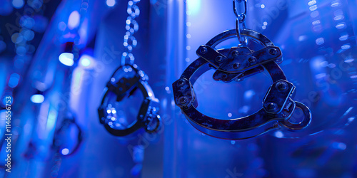 Metallic Handcuffs on Chains Against Blue Background