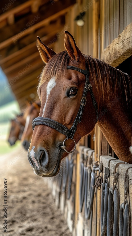 Fototapeta premium horses saddled up in the stables of luxury white Yellowstone ranch with views of the rolling hills and mountains