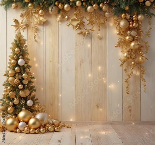 Frosty white background with elegant gold Christmas decorations on a wooden wall, refined, elegance, sophistication photo