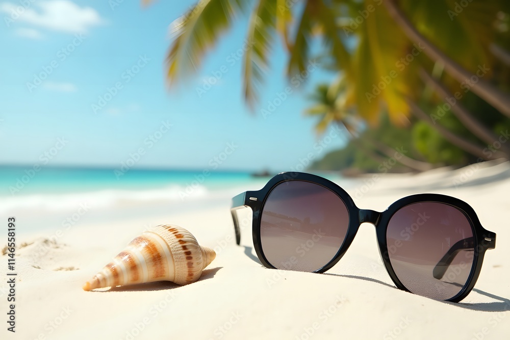 Beach Sunglasses with Seashell on Paradise Beach with Copy Space Beach Sunglasses with Seashell on Paradise Beach with Copy Space