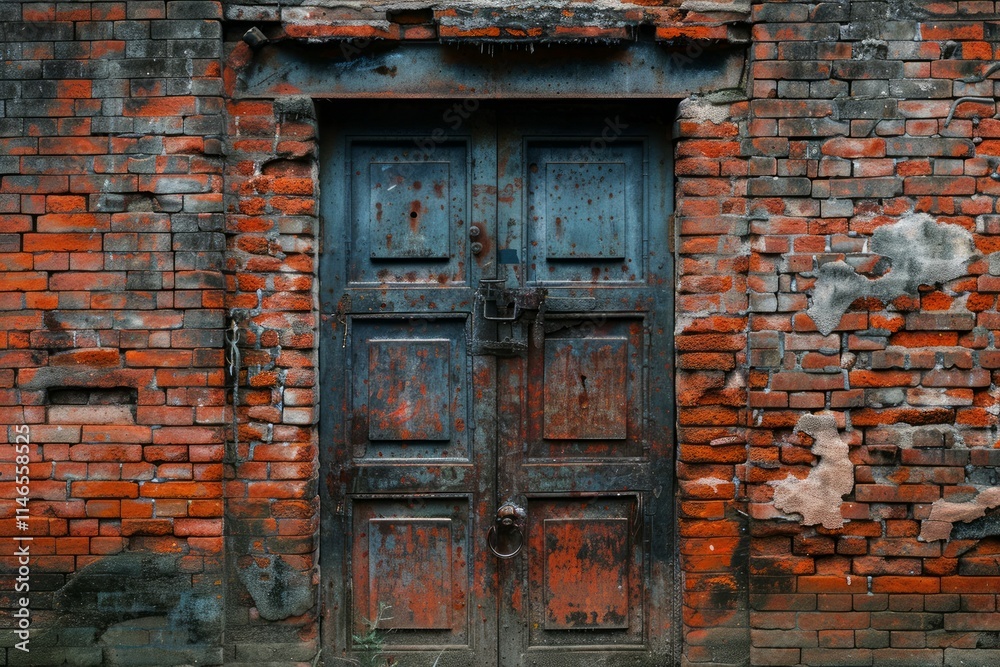 Red brick wall with old rustic weathered door in european city. Detailed photo textured background Red brick wall with old rustic weathered door in european city. Detailed photo textured background