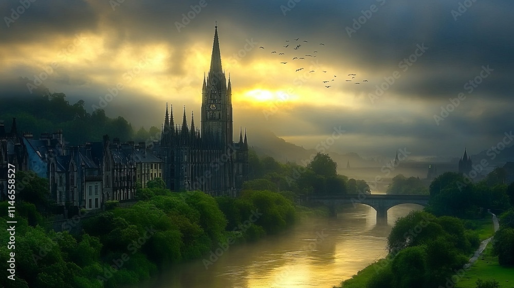 Gothic Cathedral Cityscape at Sunrise Mist Gothic Cathedral Cityscape at Sunrise Mist