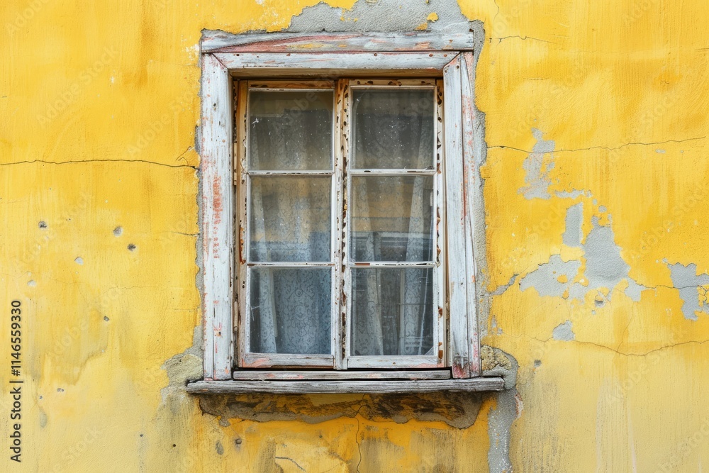Yellow concrete wall with old wooden window in european city. Detailed photo textured background Yellow concrete wall with old wooden window in european city. Detailed photo textured background
