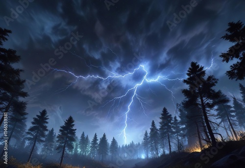 glowing blue lightening in the air above a dense forest, natural scenery, bright illumination