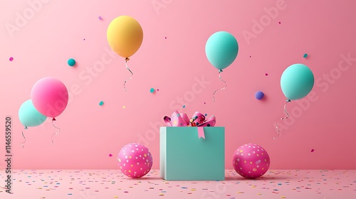 3d surprise box set featuring vibrant colorful party balloons rising into a festive themed background photo