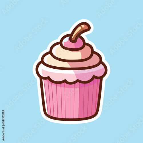 Cute Pink Cupcake with Cherry and Cream Topping Illustration