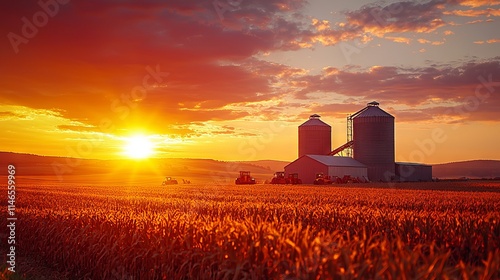 Sunset Over Farm Silos with Golden Wheat Field photo