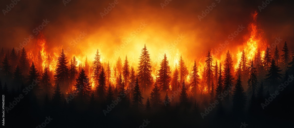 Fiery inferno engulfing a dense coniferous forest at night. Fiery inferno engulfing a dense coniferous forest at night.