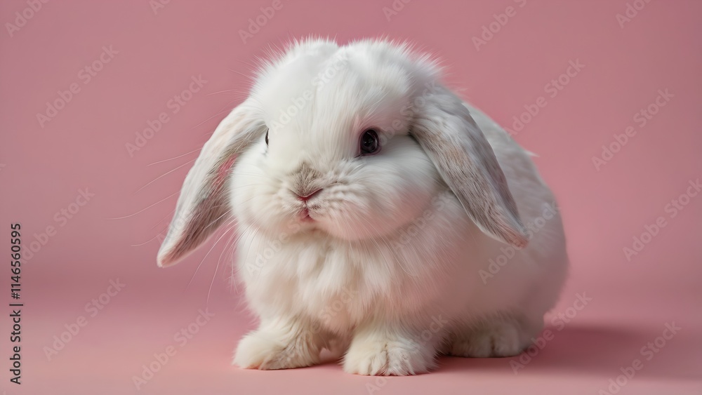 Adorable White Holland Lop Bunny Sitting on Pink Background Adorable White Holland Lop Bunny Sitting on Pink Background