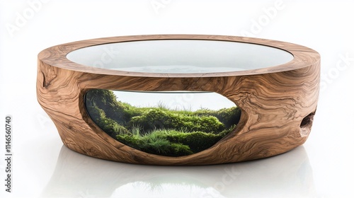 Round wooden coffee table with glass top and embedded moss terrarium.