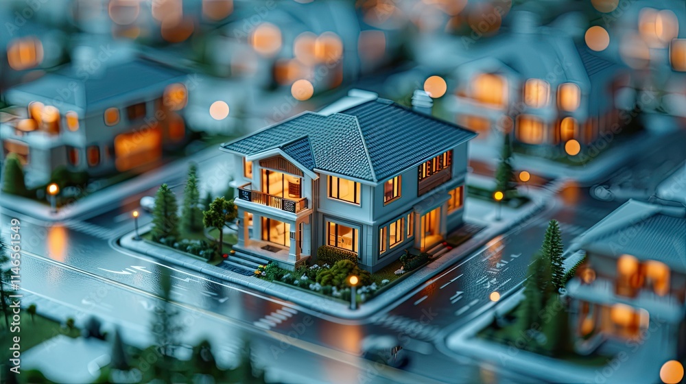 A miniature model of a suburban house amidst a neighborhood setting. A miniature model of a suburban house amidst a neighborhood setting.