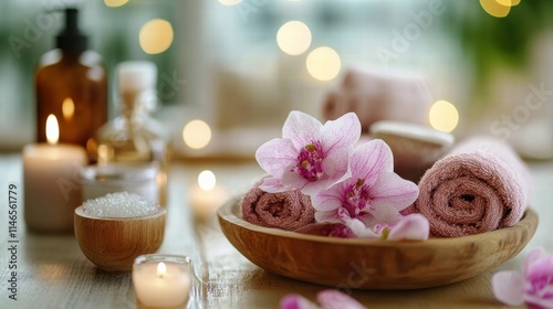 spa day relaxation tranquil setting with candles towels and flow photo