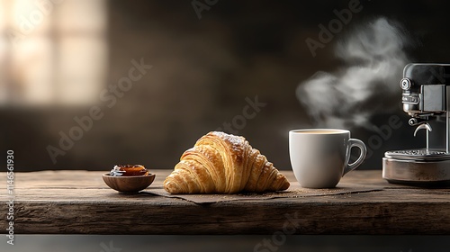 A detailed close-up of a freshly made croissant with golden, flaky layers visible, placed on a rustic wooden table. The croissant is surrounded by small bowls of jam, honey, and a steaming cup 