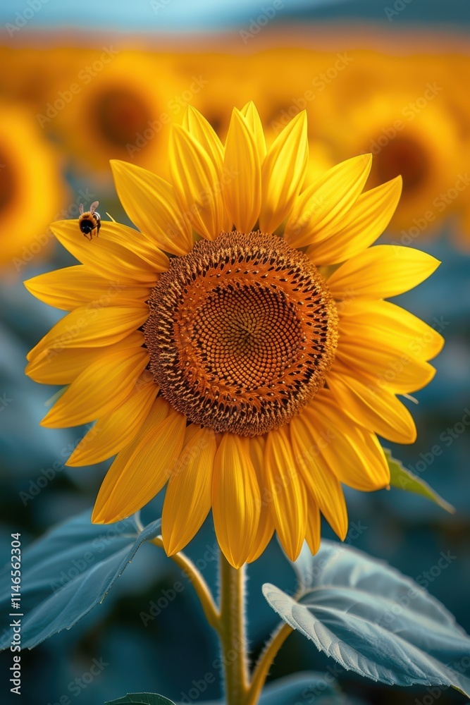 Naklejka premium A Beautiful Sunflower in Full Bloom Accompanied by a Bee in a Vibrant and Colorful Field