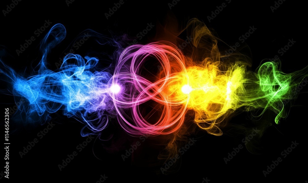 Rainbow light trails, swirling, dark background. Rainbow light trails, swirling, dark background.