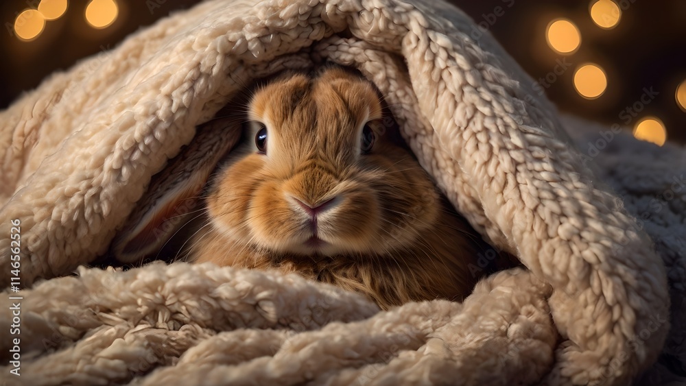 Adorable Brown Bunny Snuggling in a Cozy Blanket Under Warm Lights Adorable Brown Bunny Snuggling in a Cozy Blanket Under Warm Lights