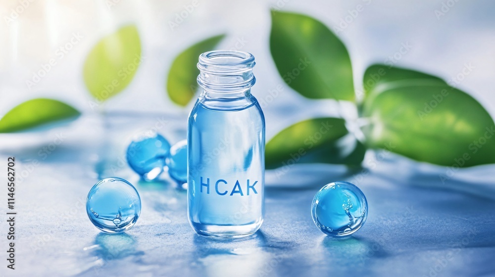Close-up of a glass vial with blue liquid, surrounded by water droplets and green leaves. Evokes a sense of scientific discovery and natural wellness. Close-up of a glass vial with blue liquid, surrounded by water droplets and green leaves. Evokes a sense of scientific discovery and natural wellness.