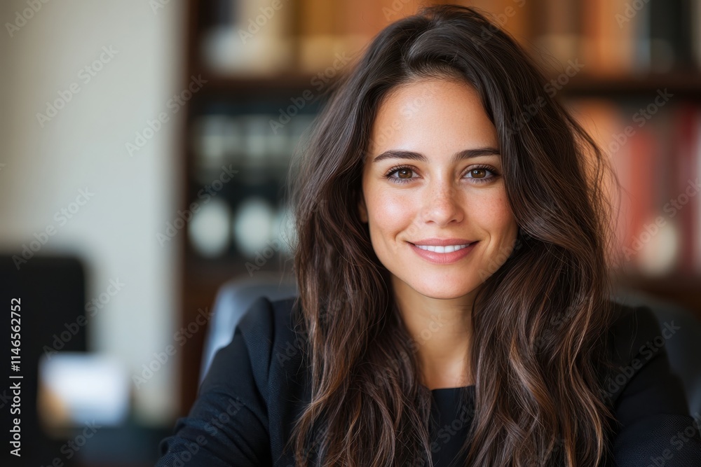 Fototapeta premium This portrait showcases an elegant businesswoman with a warm, welcoming smile, emphasizing her approachable nature in a professional office environment.