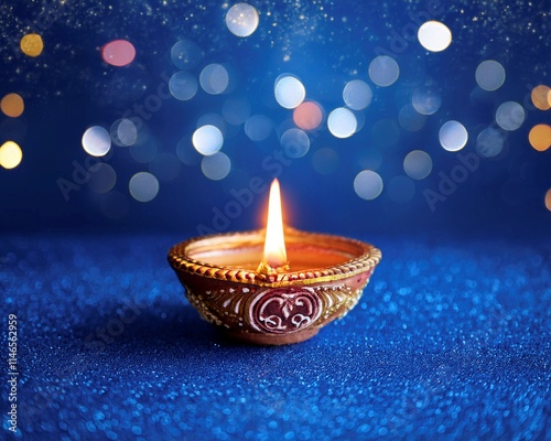 A clay diya with a lit candle emitting a warm glow, beautifully set against a blue and gold bokeh background, symbolizing the joy and celebration of Diwali festivities. photo