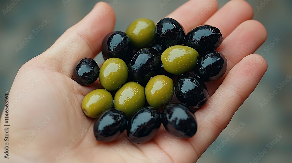 Hand holding fresh green and black olives organic farming nature Hand holding fresh green and black olives organic farming nature