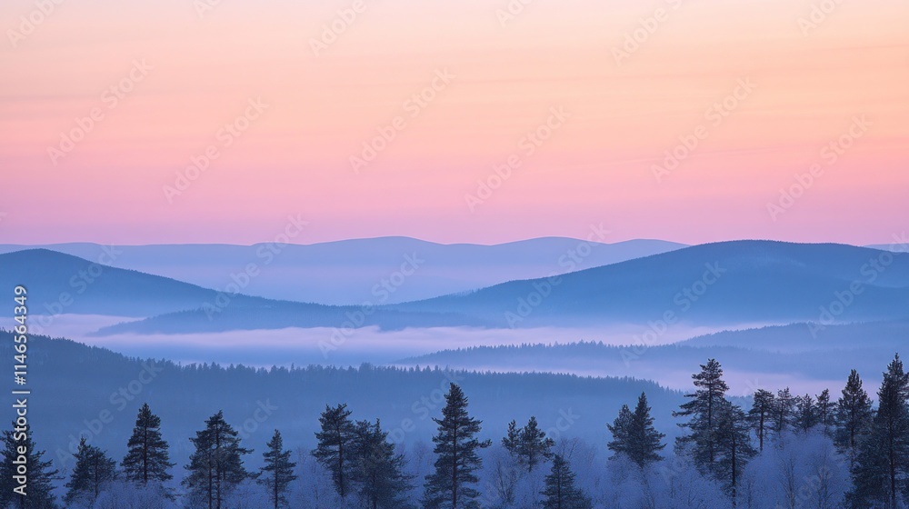 Serene winter landscape with rolling hills and a pastel sky at dawn. Serene winter landscape with rolling hills and a pastel sky at dawn.