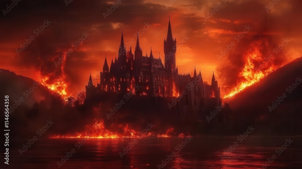 castle engulfed in vivid flames against a twilight backdrop, merging historical architecture with mystical spirituality, creating an aura of enchantment and drama castle engulfed in vivid flames against a twilight backdrop, merging historical architecture with mystical spirituality, creating an aura of enchantment and drama