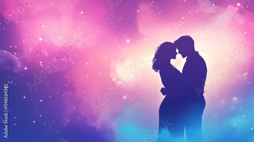 Silhouette of a couple embracing against a colorful cosmic background.