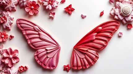 top view pink and red butterfly, corner border white background