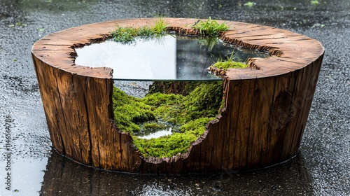Rustic wooden coffee table with moss and glass top.