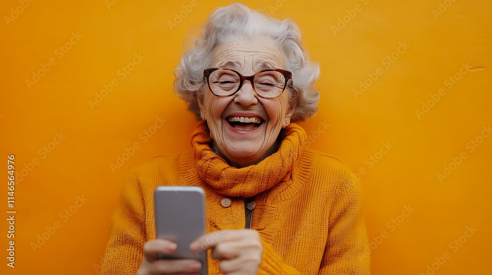 Senior woman laughing with smartphone against bright yellow background Senior woman laughing with smartphone against bright yellow background