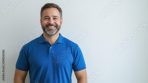 confident smiling man with a beard dressed in a blue polo shirt, standing against a clean white background, radiating positivity and approachability