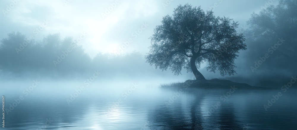 Solitary tree on a misty lake at dawn. Solitary tree on a misty lake at dawn.