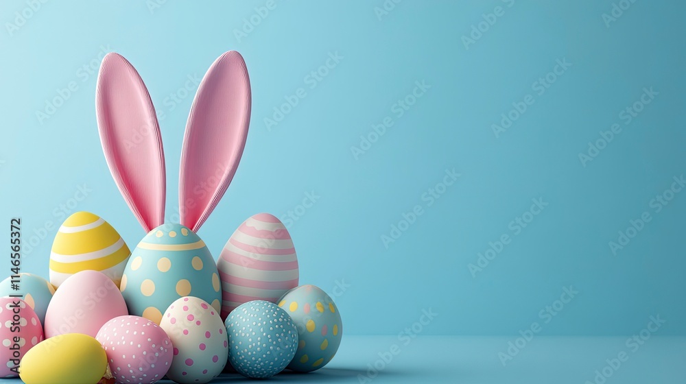 Colorful eggs and big bunny ears, empty copy space blue background. Concept of Happy Easter, hunt, decoration and holiday sale. 3D rendering illustration 