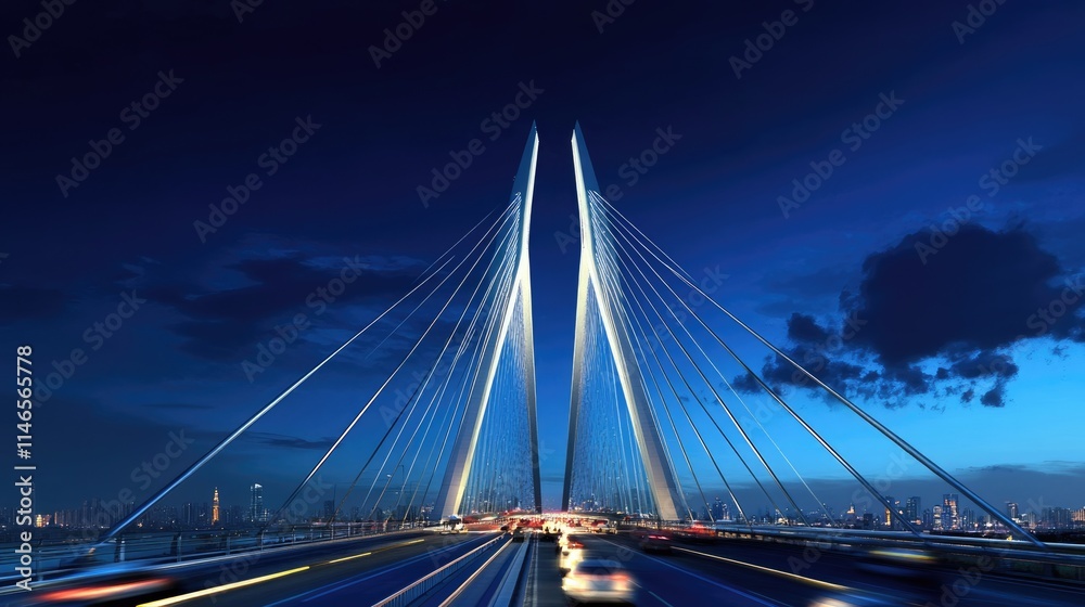 Fototapeta premium Illuminated Nightscape: A Stunning View of Shanghai's Modern Bridge Under a Blue Sky